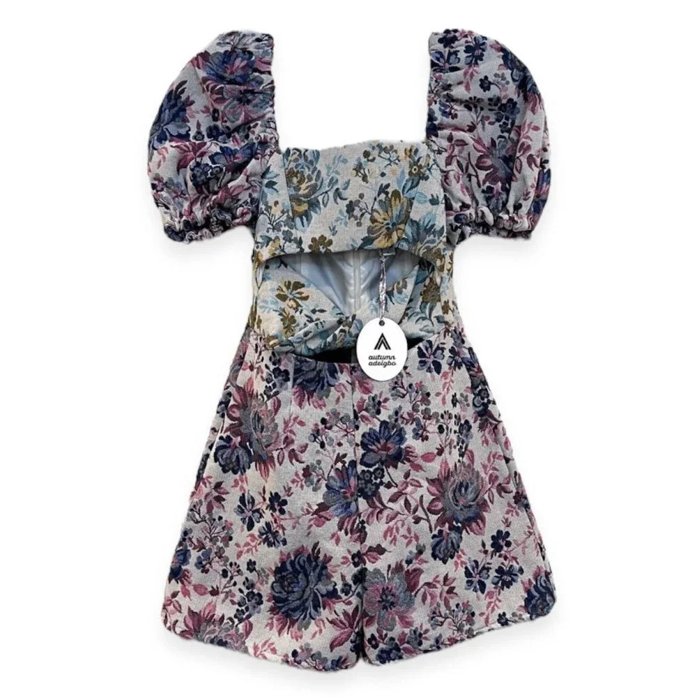 Autumn Adeigbo Liadan Floral Bohemian Quilted Puff Sleeve Jumpsuit 4 NWT